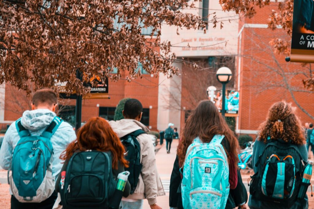 College students walking around campus